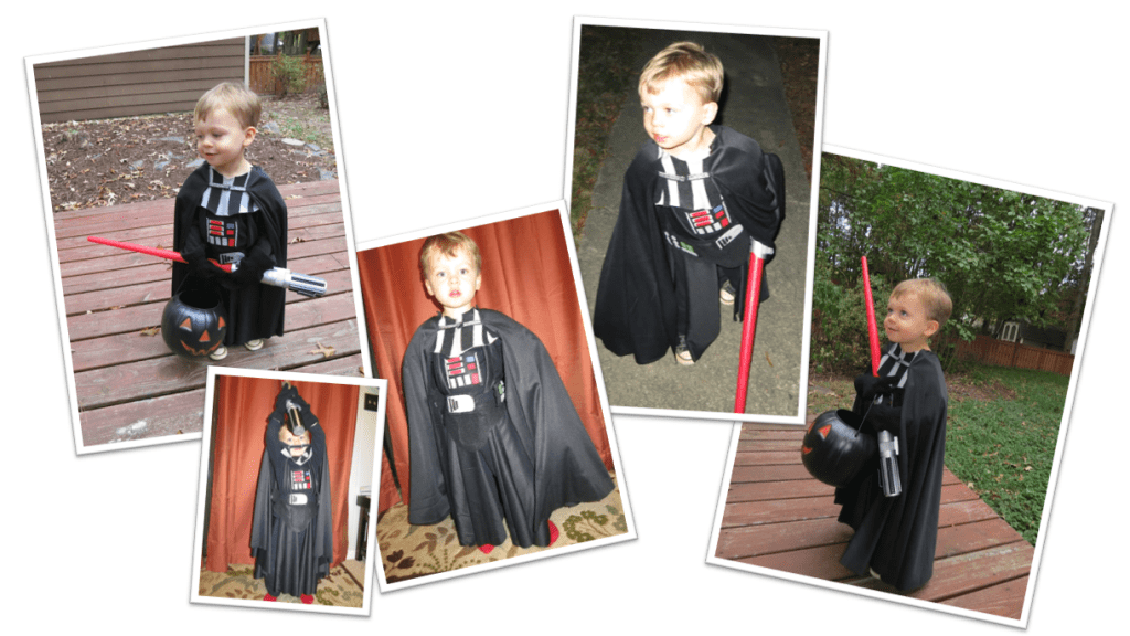 Five photos of a blond child wearing a Darth Vader Halloween costume. In some he is holding a black plastic pumpkin bucket, and in others he holds his red light saber menacingly.