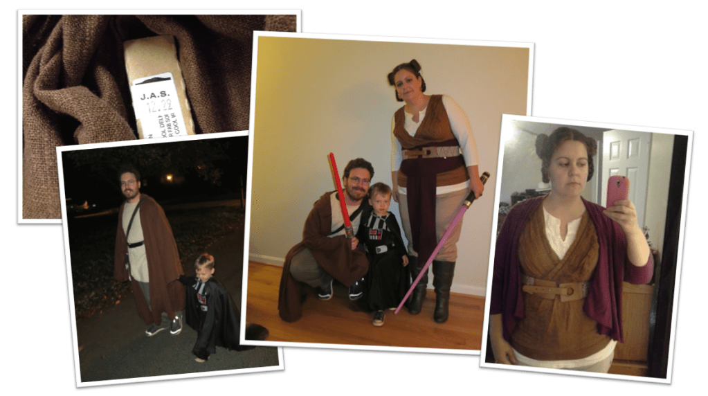 A photo of brown, rough-spun linen fabric on the bolt, a photo of a man in a brown Jedi robe holding hands with a diminutive Darth Vader, a photo of a posing family dressed as Star Wars characters, and a photo of a woman with buns and braids in her hair wearing brown and purple clothing reminiscent of the Star Wars movie costumes.
